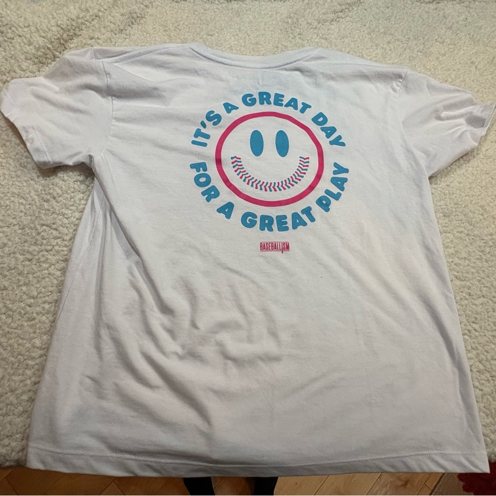 White Baseballism Great Day Graphic Tee with Blue and Pink Accents UNISEX - Picture 6 of 8
